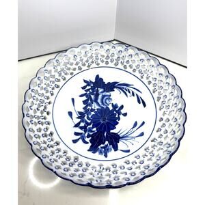 MCM Blue & White Jingdezhen Hand Painted Bone China Dry Fruit Bowl Lattice Sides